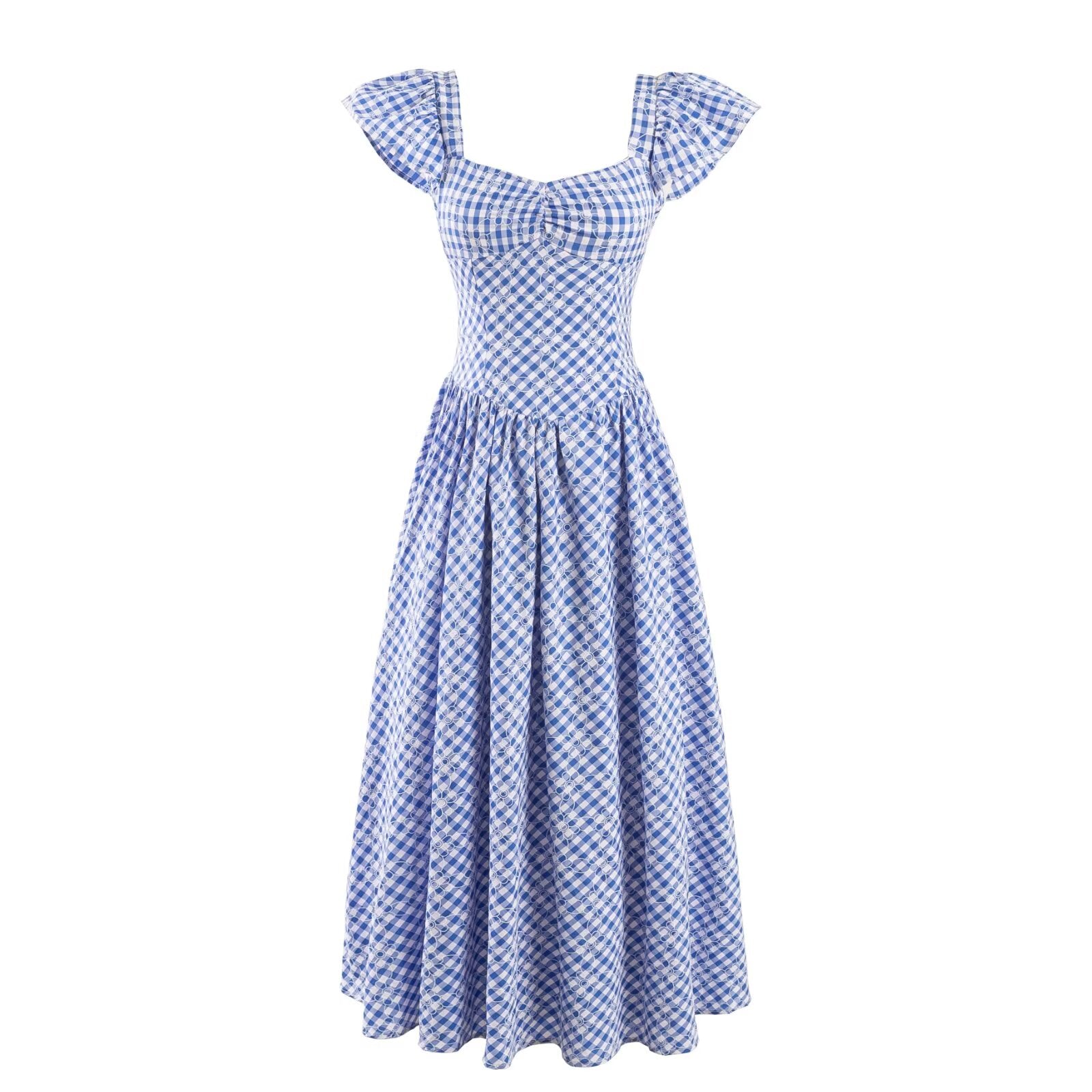 Plaid Square Collar Pleated Flying Sleeve Dress Summer Waist Slim Fit Graceful Long Expansion