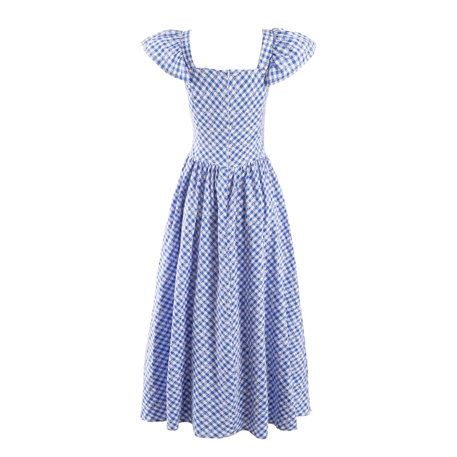 Plaid Square Collar Pleated Flying Sleeve Dress Summer Waist Slim Fit Graceful Long Expansion