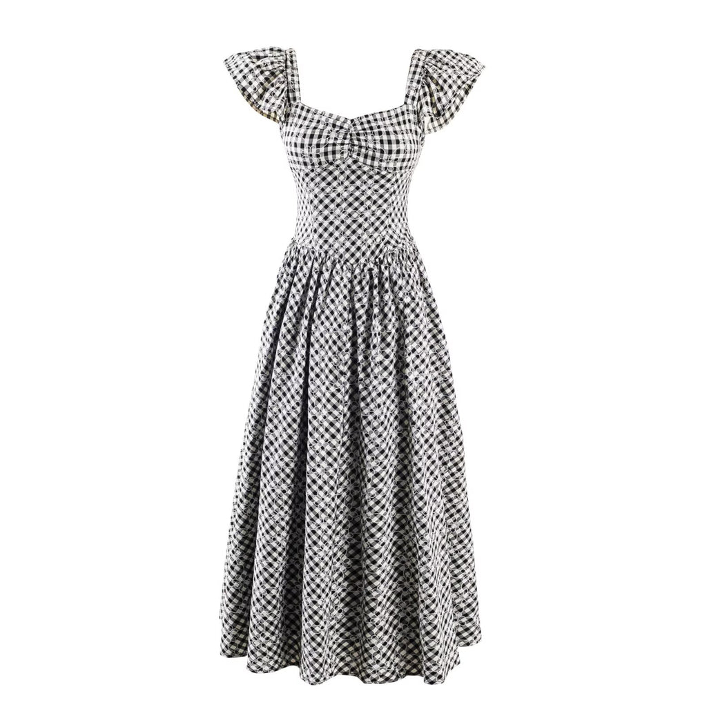 Plaid Square Collar Pleated Flying Sleeve Dress Summer Waist Slim Fit Graceful Long Expansion