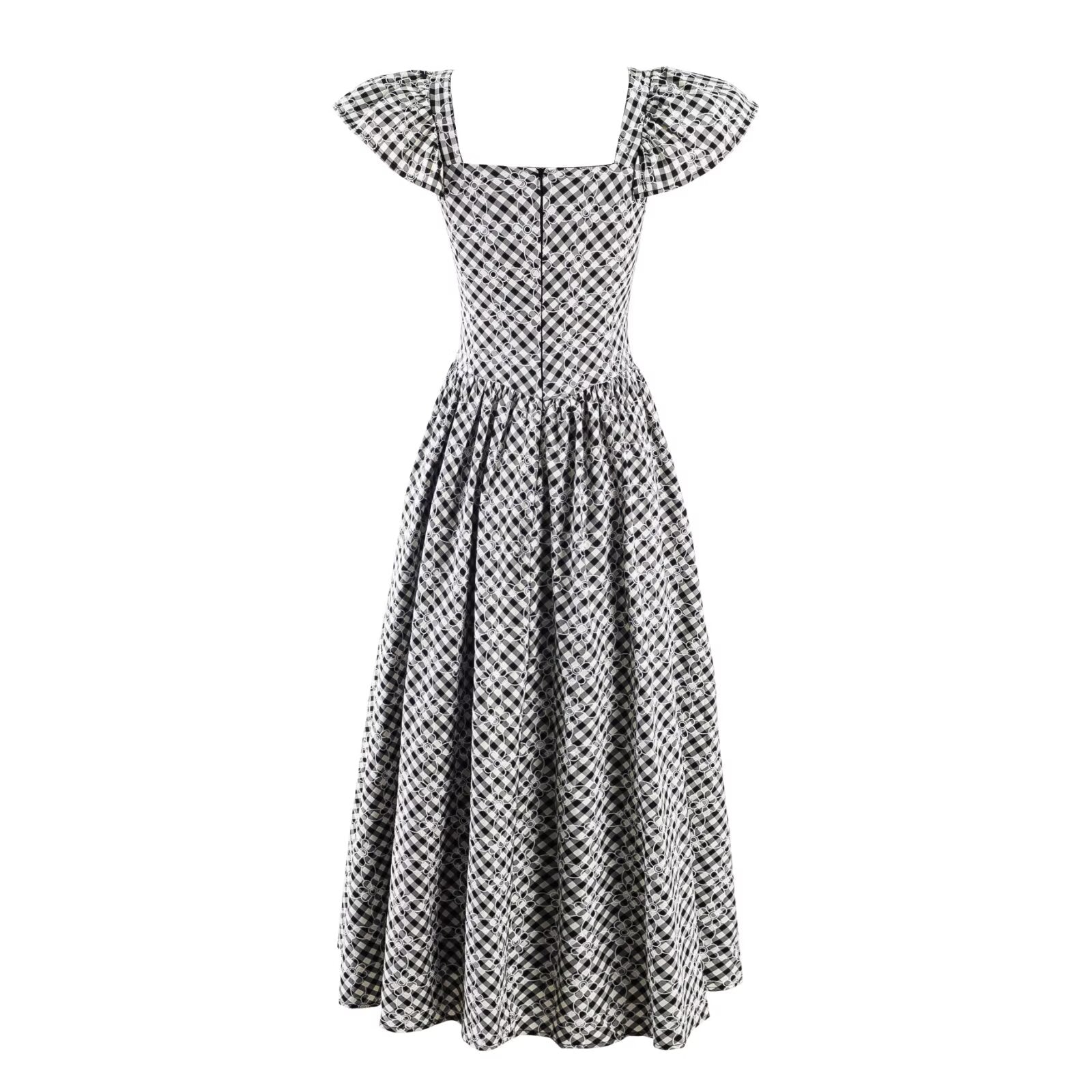 Plaid Square Collar Pleated Flying Sleeve Dress Summer Waist Slim Fit Graceful Long Expansion