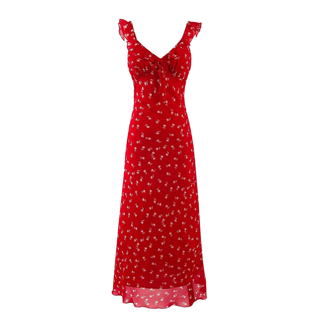 Spring Vacation Elegant Bright Red Floral Printed V neck Maxi Dress