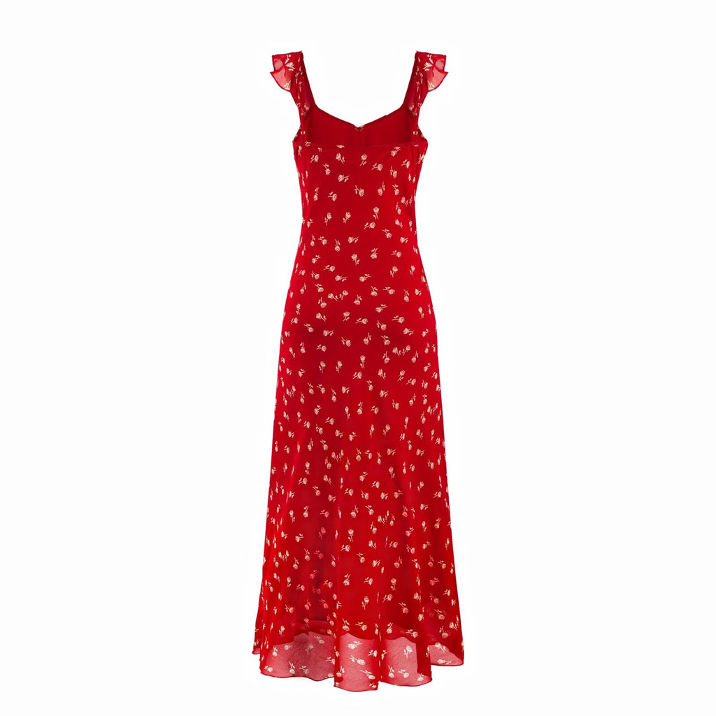 Spring Vacation Elegant Bright Red Floral Printed V neck Maxi Dress