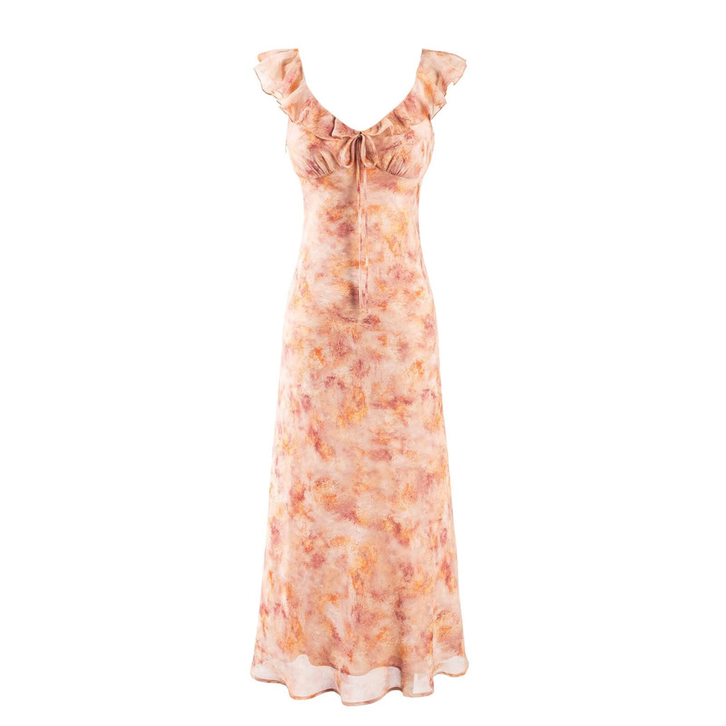 Spring Vintage Casual Ruffled V neck Lace up Waist Tight Dress