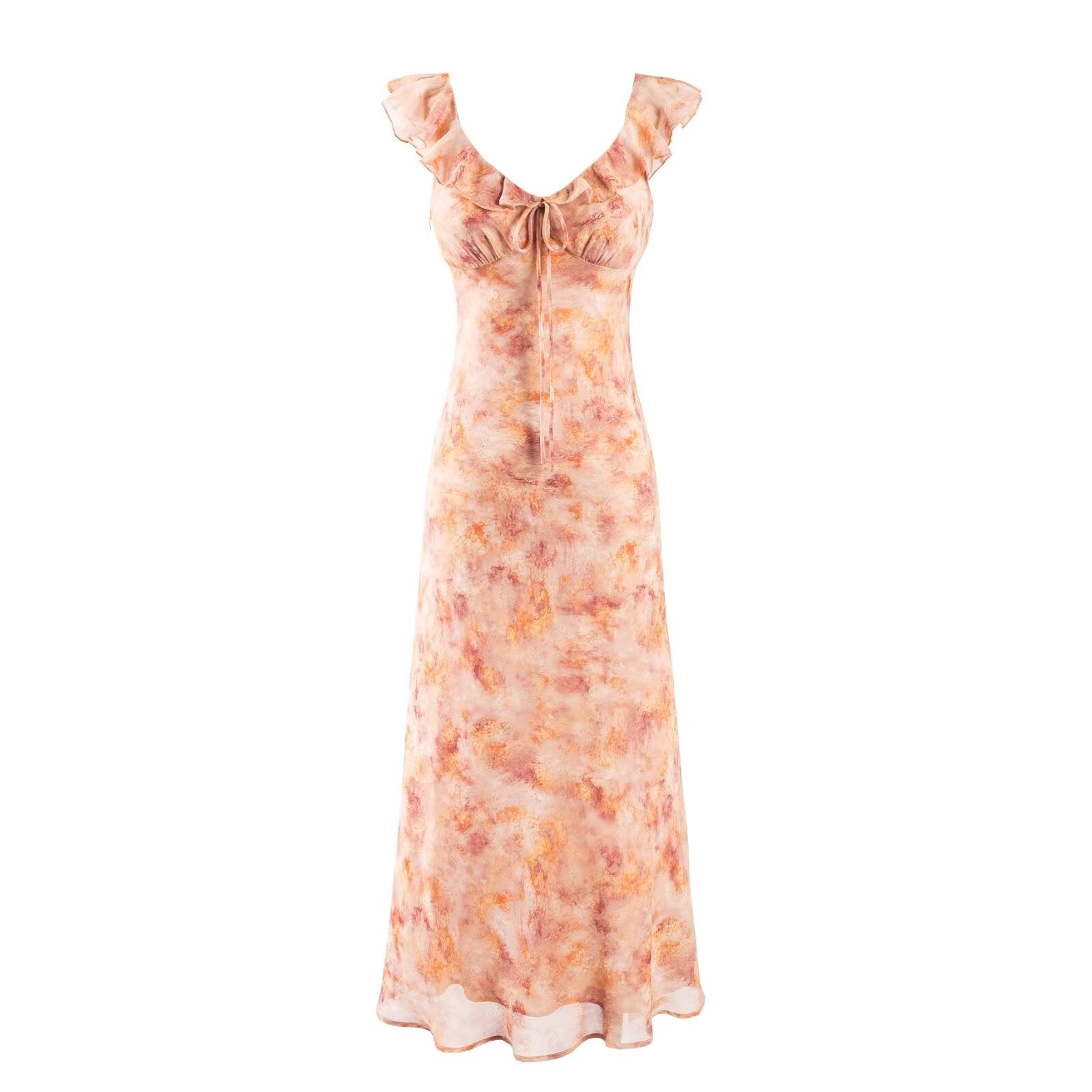Spring Vintage Casual Ruffled V neck Lace up Waist Tight Dress