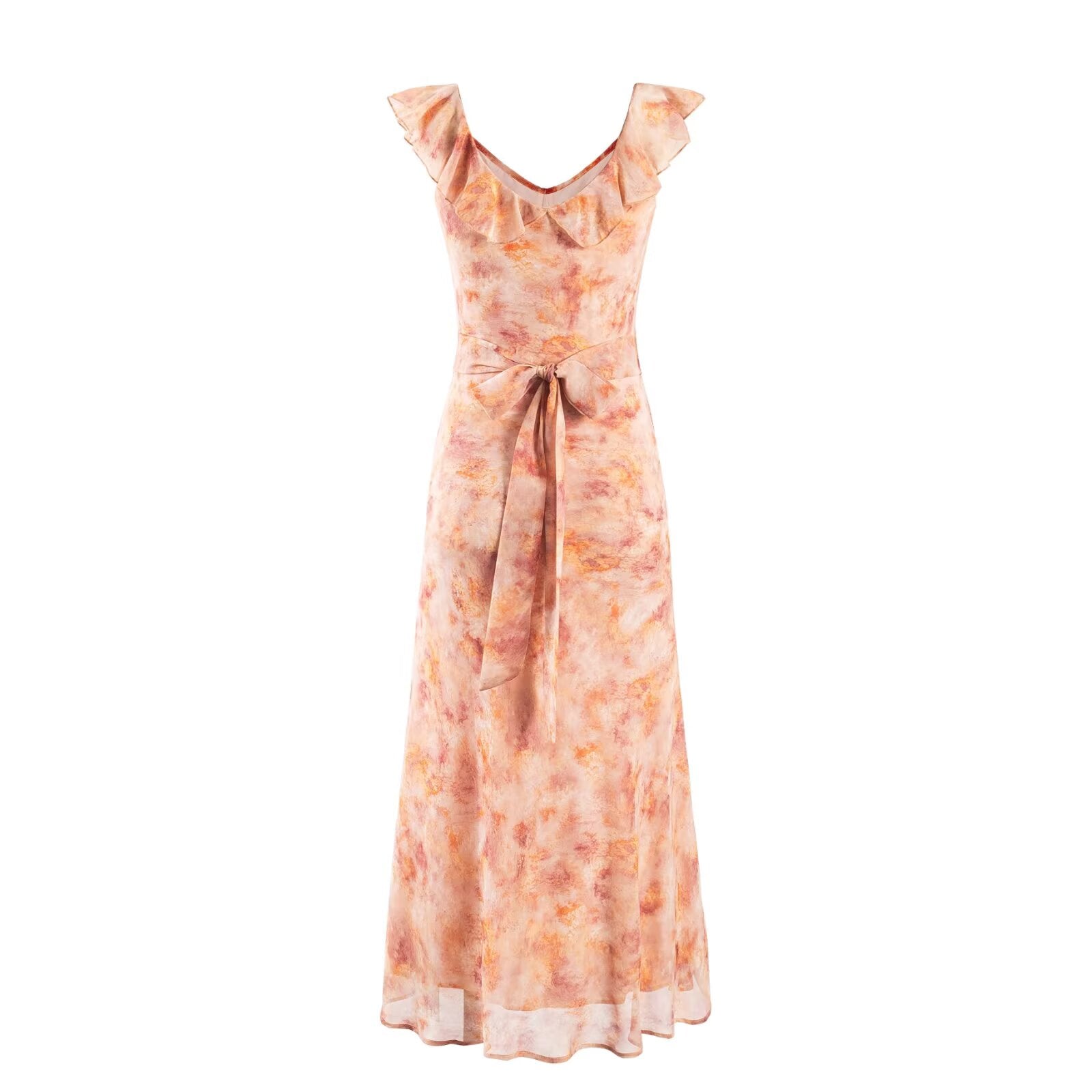 Spring Vintage Casual Ruffled V neck Lace up Waist Tight Dress