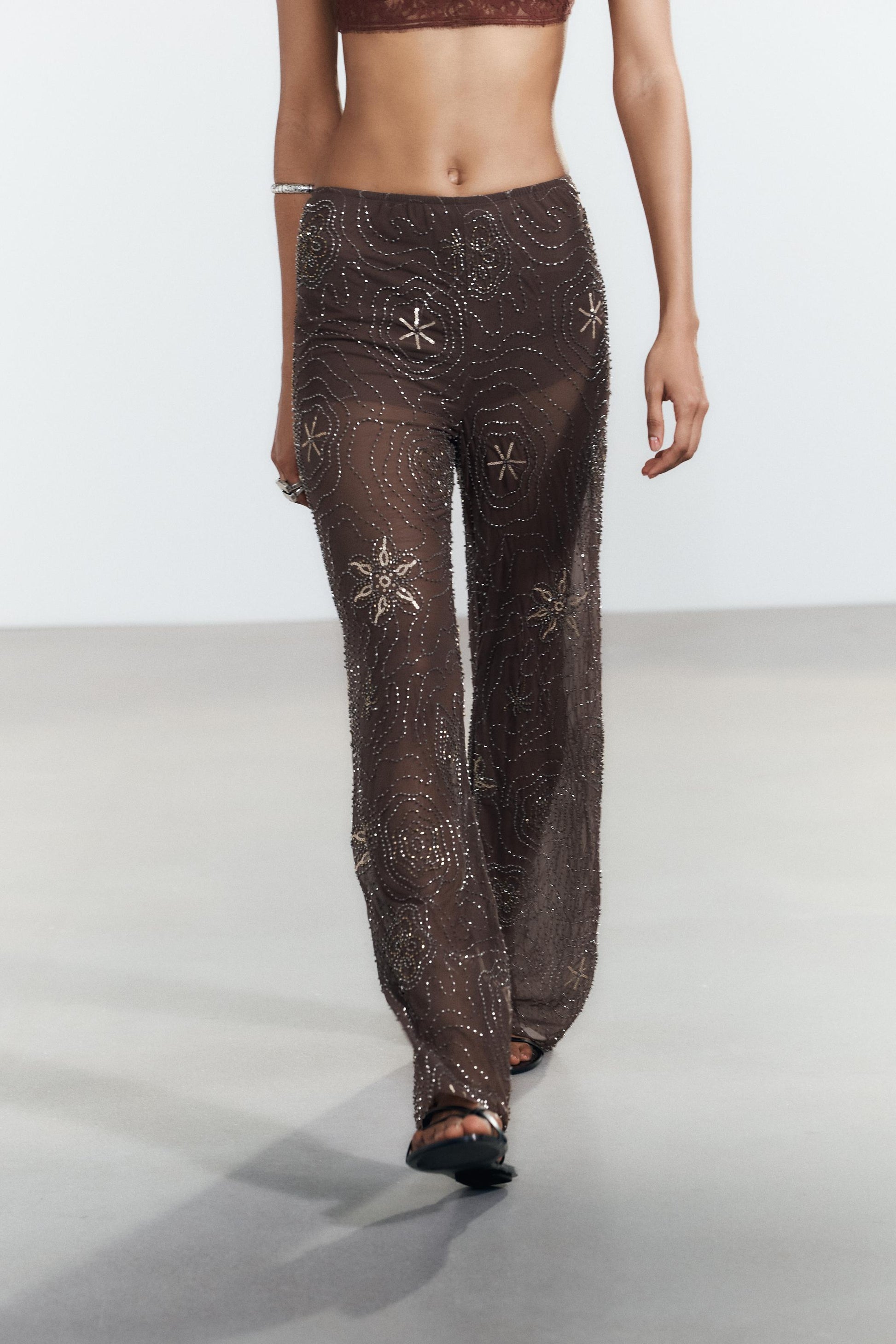 Summer Women Clothing Sequin Beaded Decorative Translucent Trousers