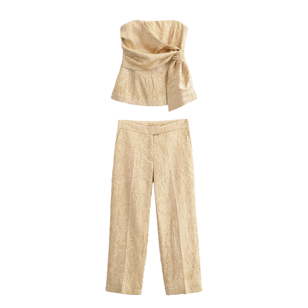 High Grade Pleated Effect Satin Suit Superior Texture Fashionable Elegant Unique Design Workplace Dinner