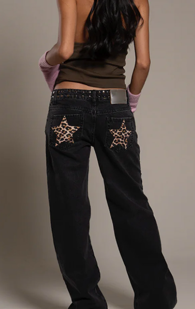 Women Clothing Women Leopard Design Rivet Black Wide Leg Jeans