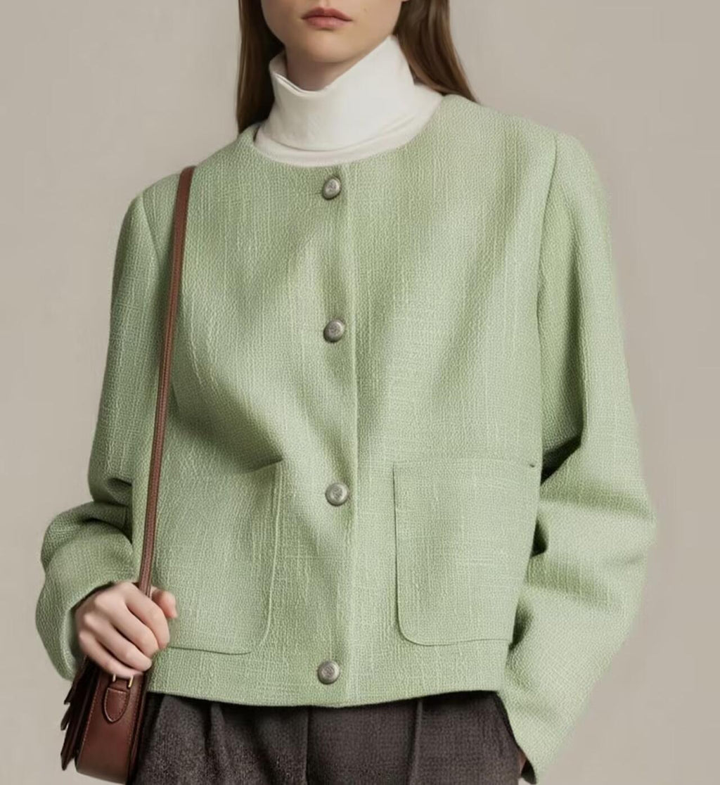 Casual round Neck Green Texture Coat