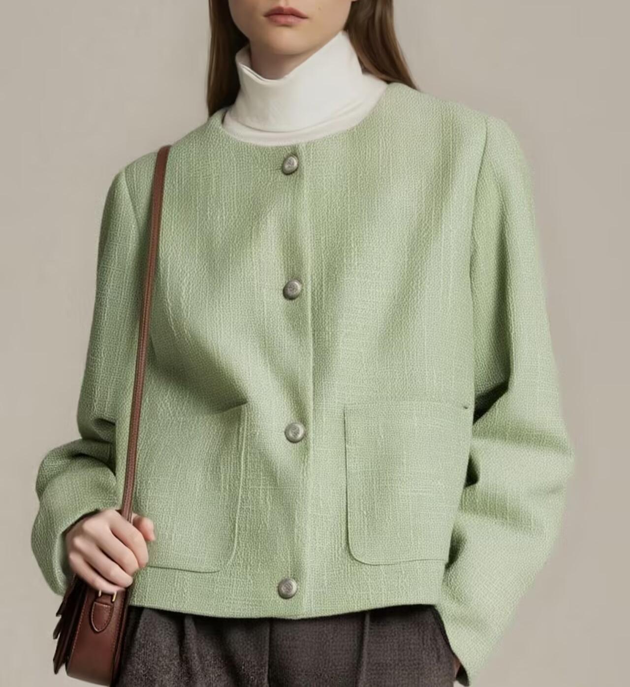 Casual round Neck Green Texture Coat