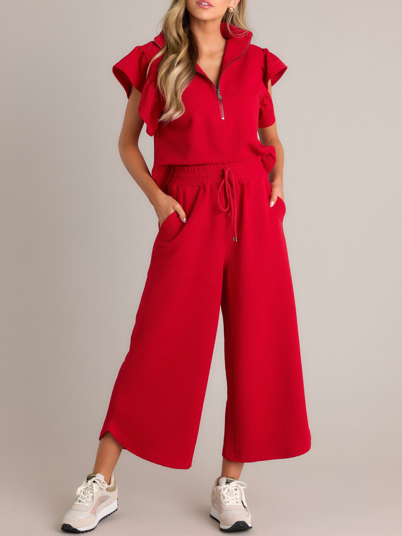 Ladies Spring Summer Casual Set Flying Sleeves Loose Short Sleeve Top Cropped Wide Leg Pants Sets