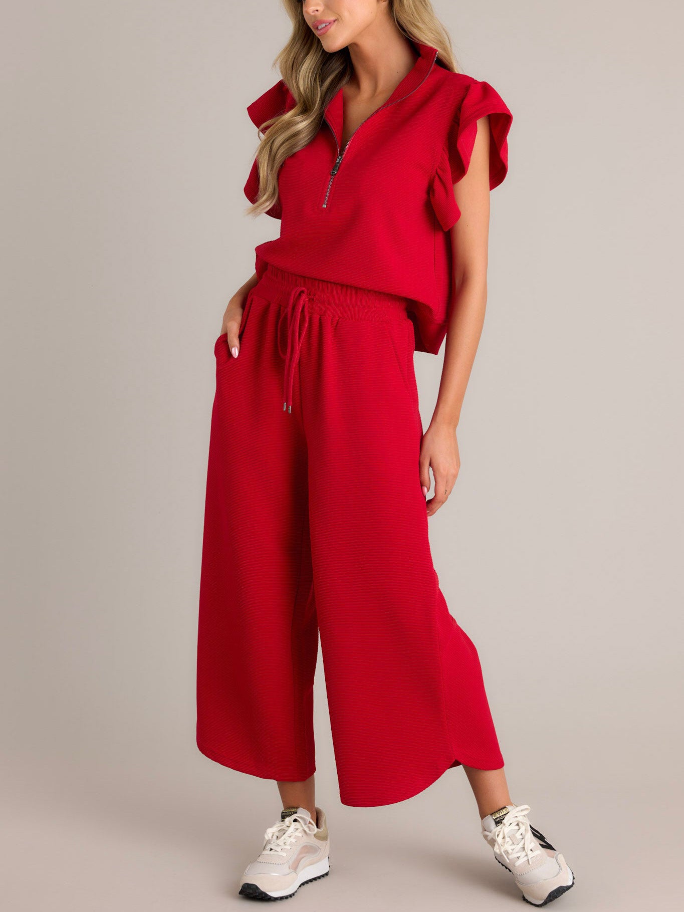 Ladies Spring Summer Casual Set Flying Sleeves Loose Short Sleeve Top Cropped Wide Leg Pants Sets