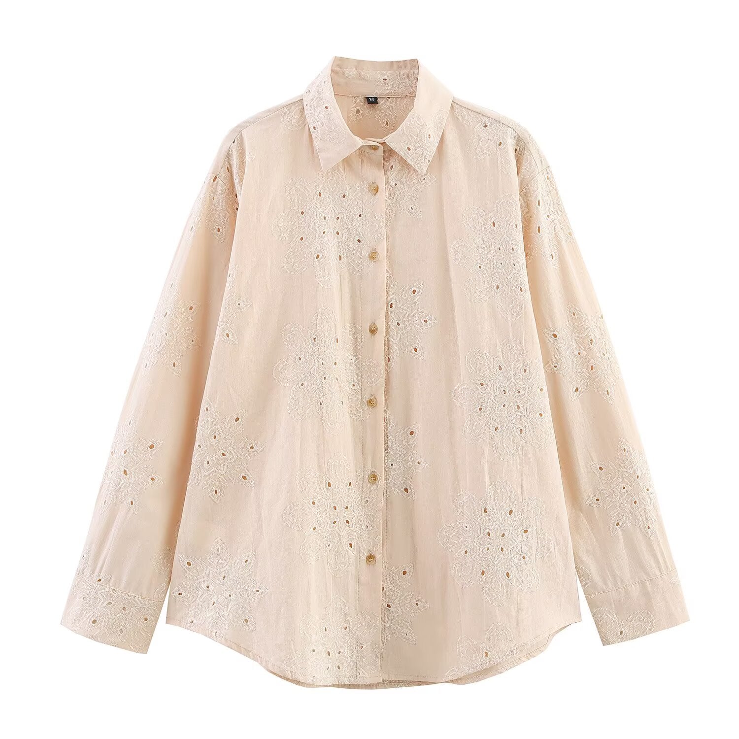 Women Clothing Summer Simple Long Sleeve Collared Hollow Out Cutout Embroidered Shirt