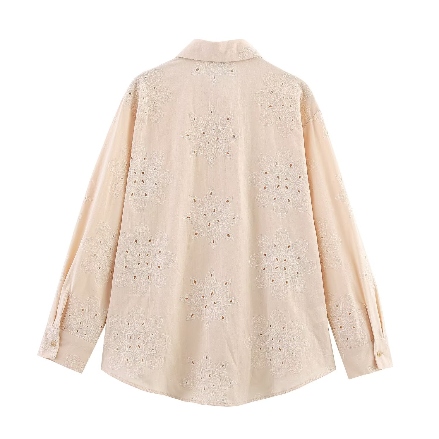 Women Clothing Summer Simple Long Sleeve Collared Hollow Out Cutout Embroidered Shirt