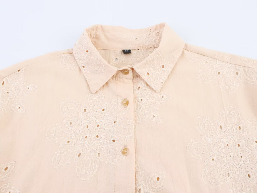 Women Clothing Summer Simple Long Sleeve Collared Hollow Out Cutout Embroidered Shirt