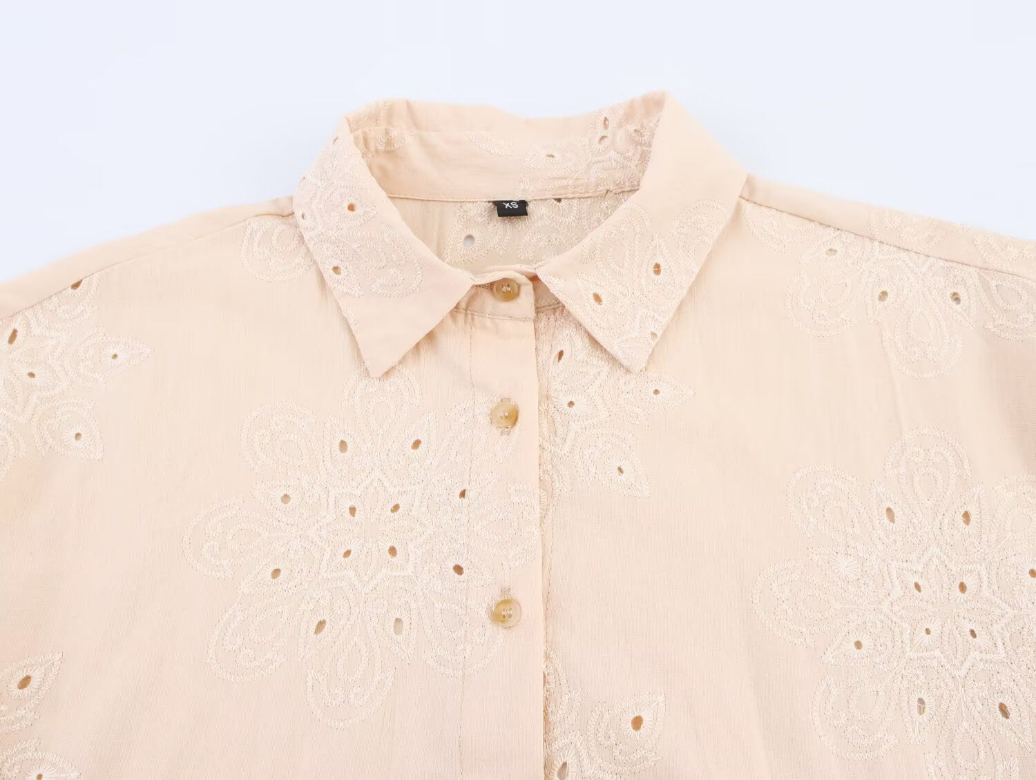 Women Clothing Summer Simple Long Sleeve Collared Hollow Out Cutout Embroidered Shirt