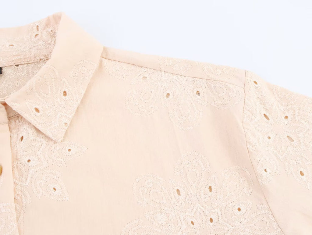 Women Clothing Summer Simple Long Sleeve Collared Hollow Out Cutout Embroidered Shirt
