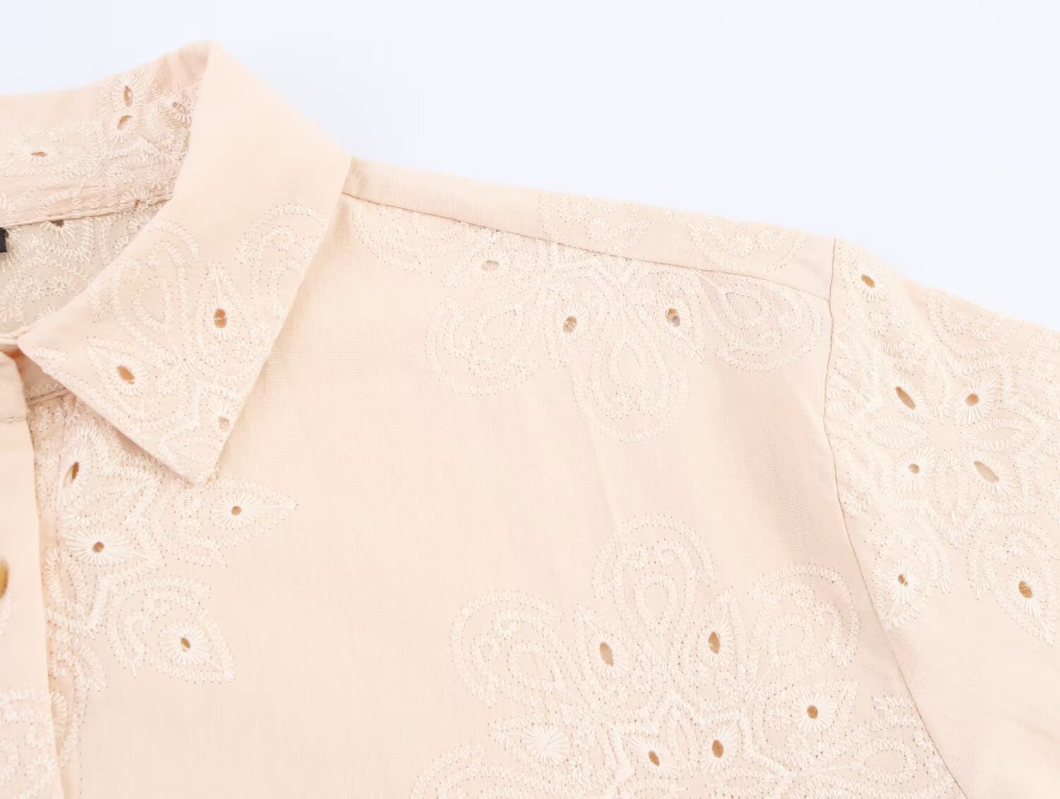Women Clothing Summer Simple Long Sleeve Collared Hollow Out Cutout Embroidered Shirt