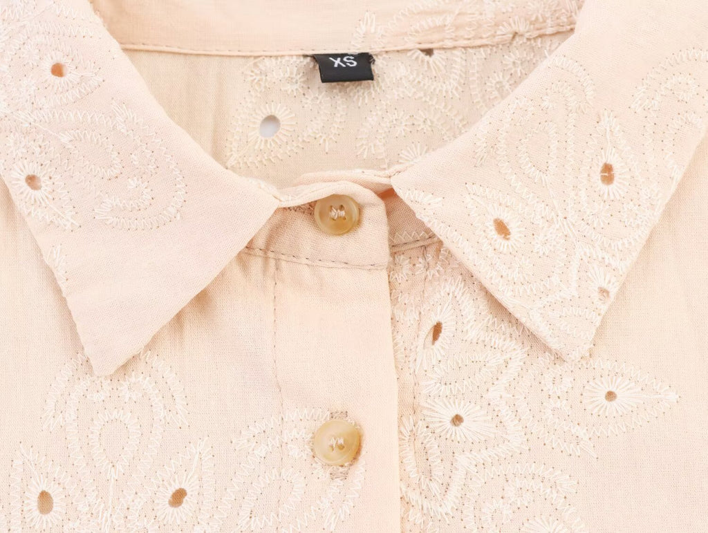 Women Clothing Summer Simple Long Sleeve Collared Hollow Out Cutout Embroidered Shirt