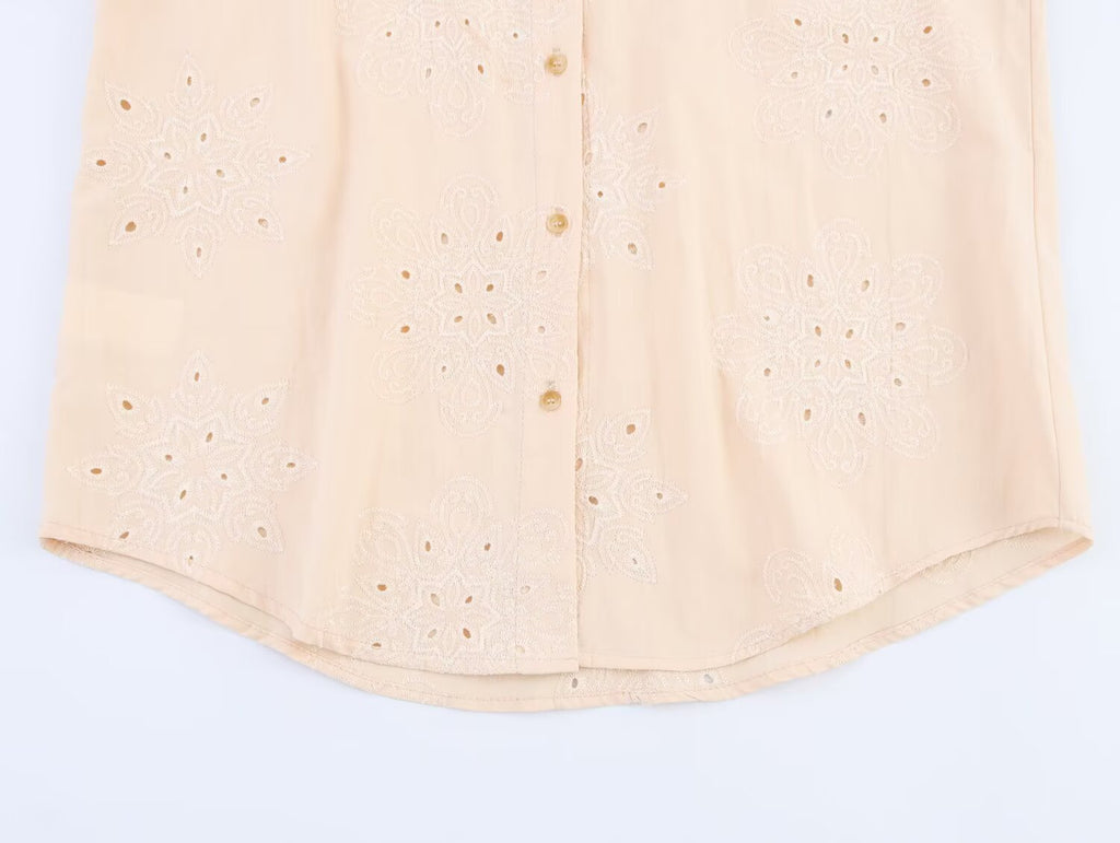 Women Clothing Summer Simple Long Sleeve Collared Hollow Out Cutout Embroidered Shirt