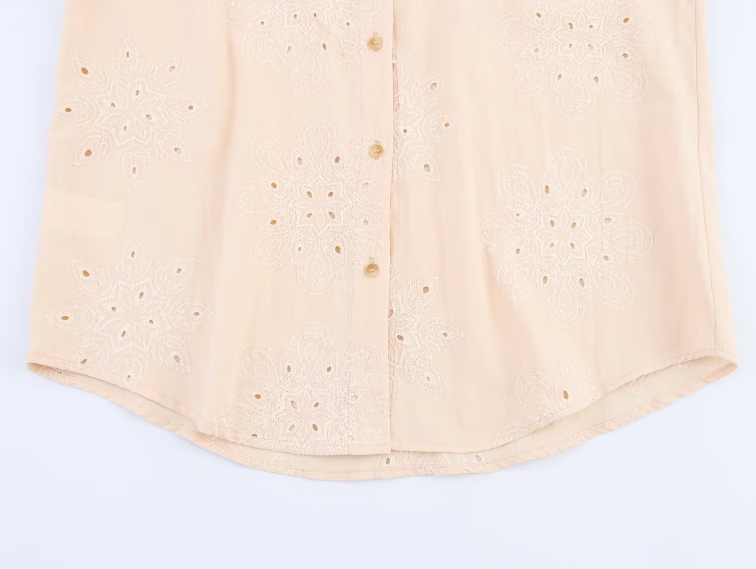 Women Clothing Summer Simple Long Sleeve Collared Hollow Out Cutout Embroidered Shirt
