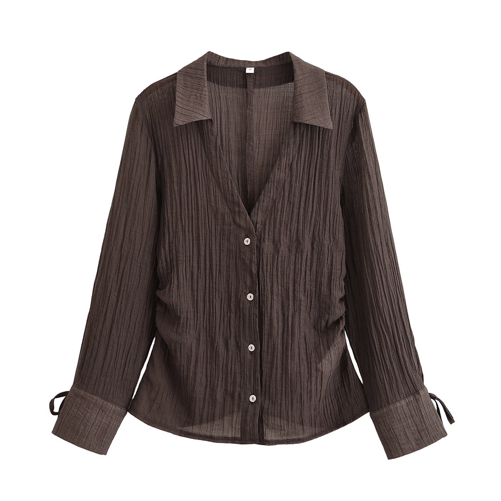 Women Clothing Summer All Matching Slim Fit Bow Semi Transparent Shirt
