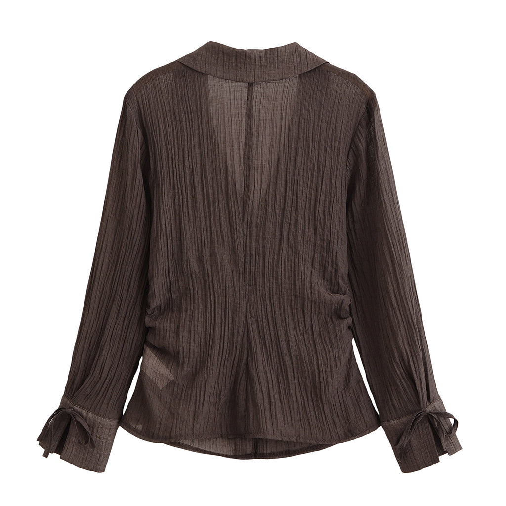 Women Clothing Summer All Matching Slim Fit Bow Semi Transparent Shirt