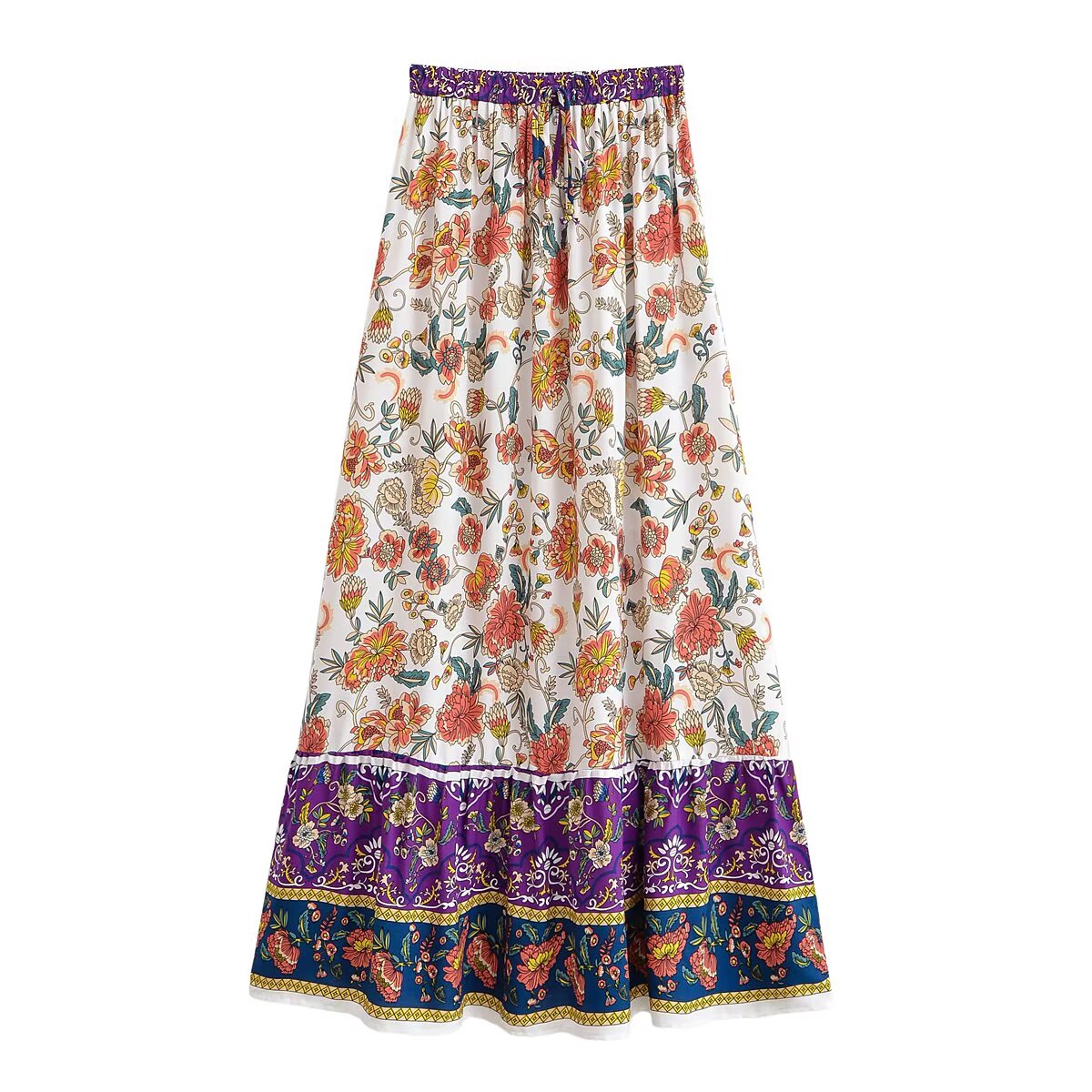 Summer Positioning Printing Elastic Waist Tassel Lace up Skirt
