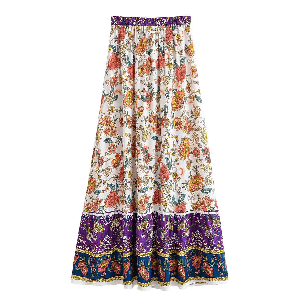 Summer Positioning Printing Elastic Waist Tassel Lace up Skirt