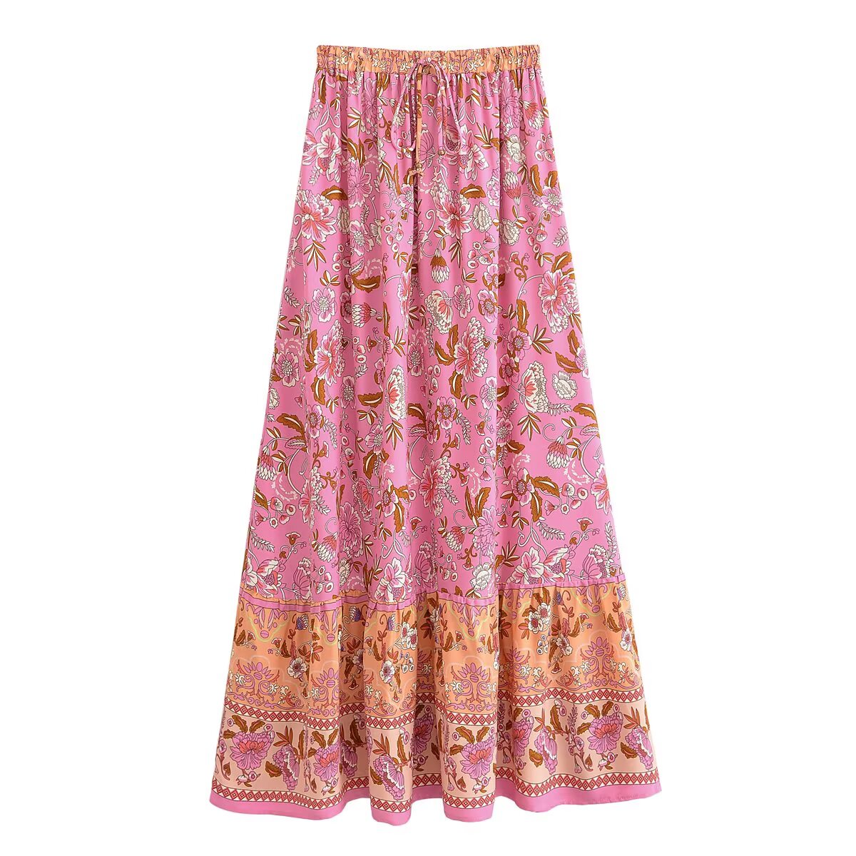 Summer Positioning Printing Elastic Waist Tassel Lace up Skirt