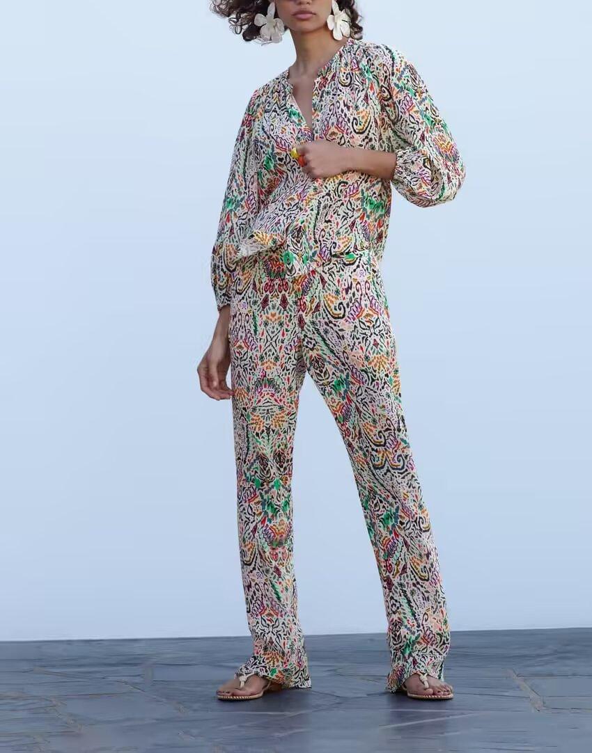 Spring Printing Bell Bottom Pants Loose Printed Shirt Design Set
