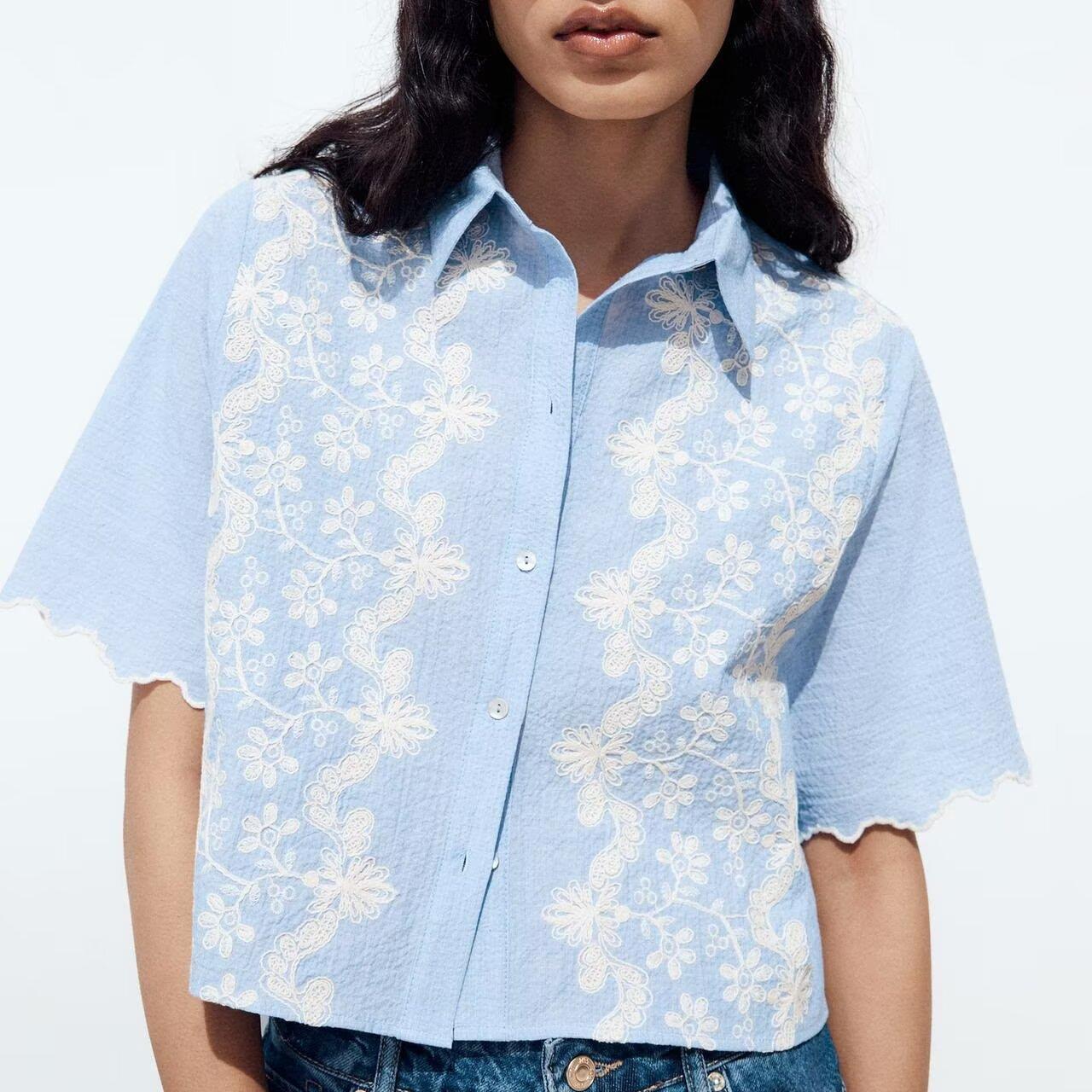 Summer Women Clothing Embroidery Simple Short Sleeve Collared Short Shirt Women