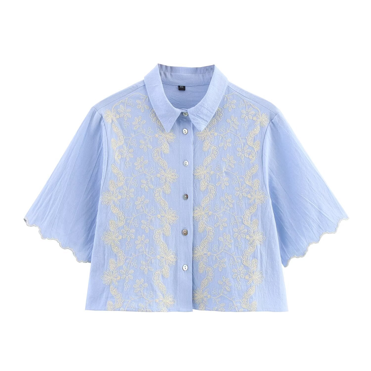 Summer Women Clothing Embroidery Simple Short Sleeve Collared Short Shirt Women