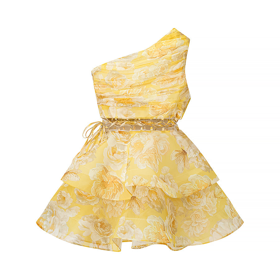 Homemade Women Clothing Western Sexy One Shoulder Waist Hollow Out Cutout out Cinched Floral Dress