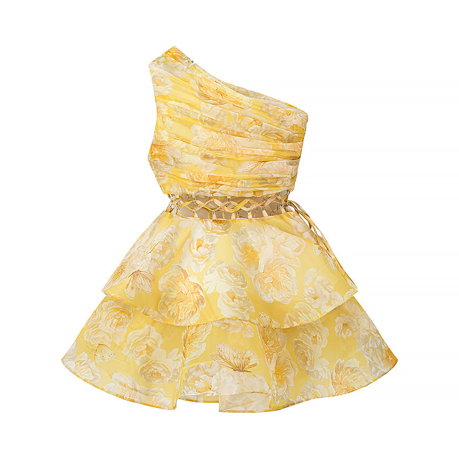 Homemade Women Clothing Western Sexy One Shoulder Waist Hollow Out Cutout out Cinched Floral Dress