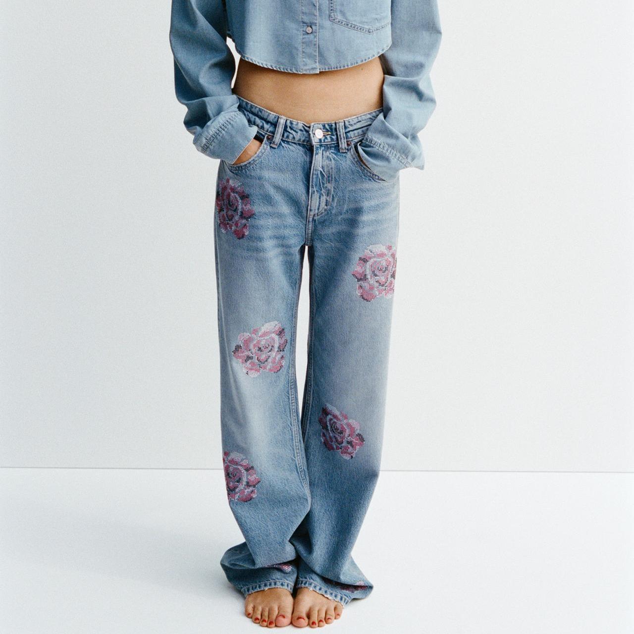 Women Rhinestone Loose Mid Waist Jeans
