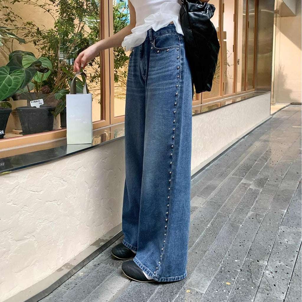 Retro Heavy Industry Gold Rivet Horse Jeans Women Spring Autumn High Waist Loose Straight Wide Leg Mop Pants