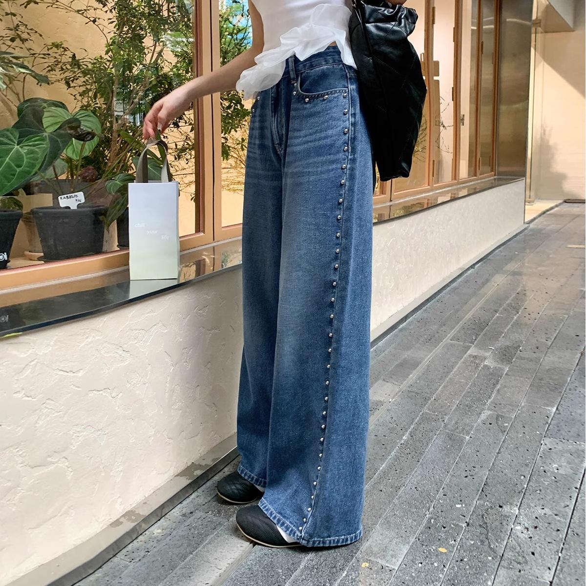 Retro Heavy Industry Gold Rivet Horse Jeans Women Spring Autumn High Waist Loose Straight Wide Leg Mop Pants