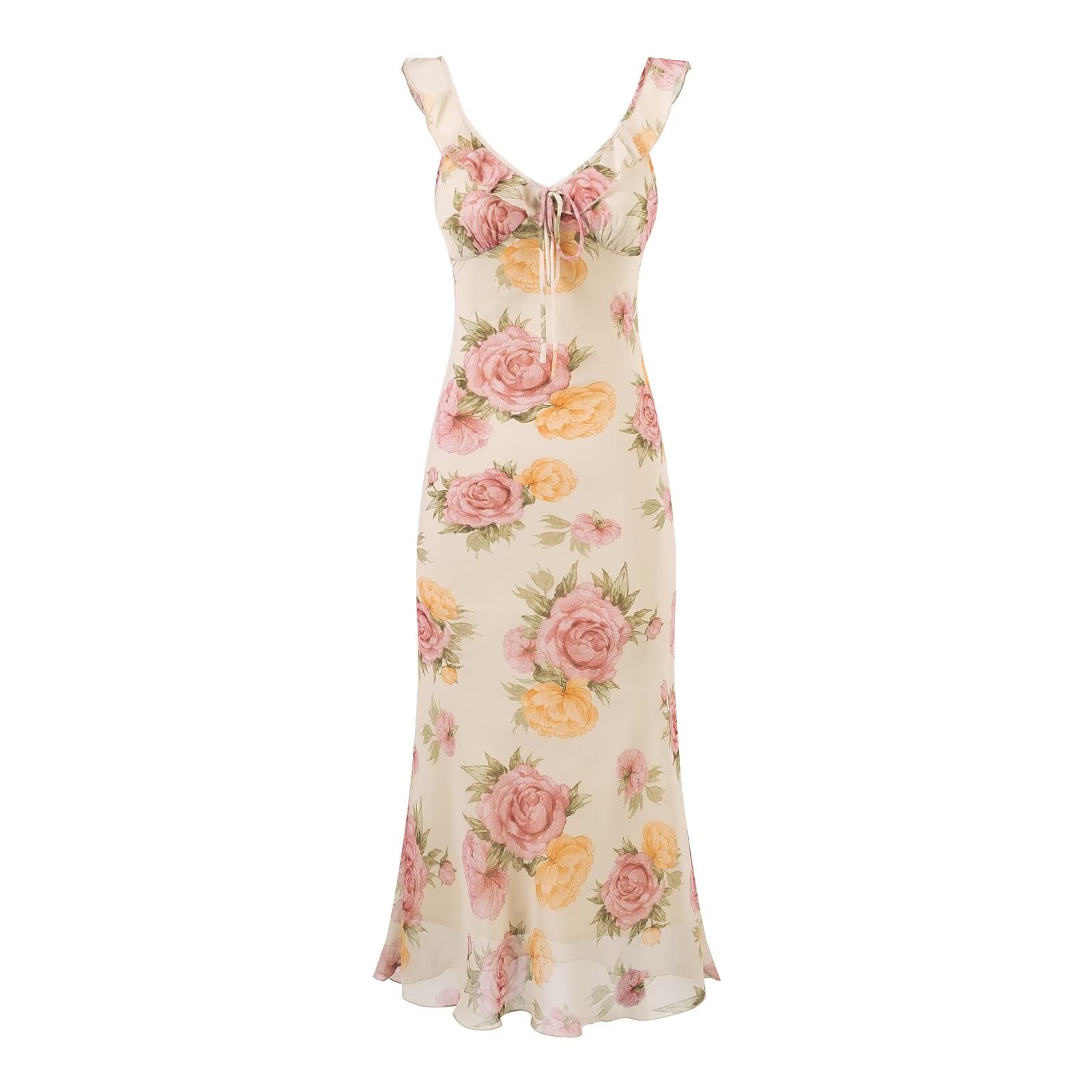 Sexy V neck Flounce Lace Printing Dress Fishtail Summer Tight Waist Slim Fit Vacation Dress Women