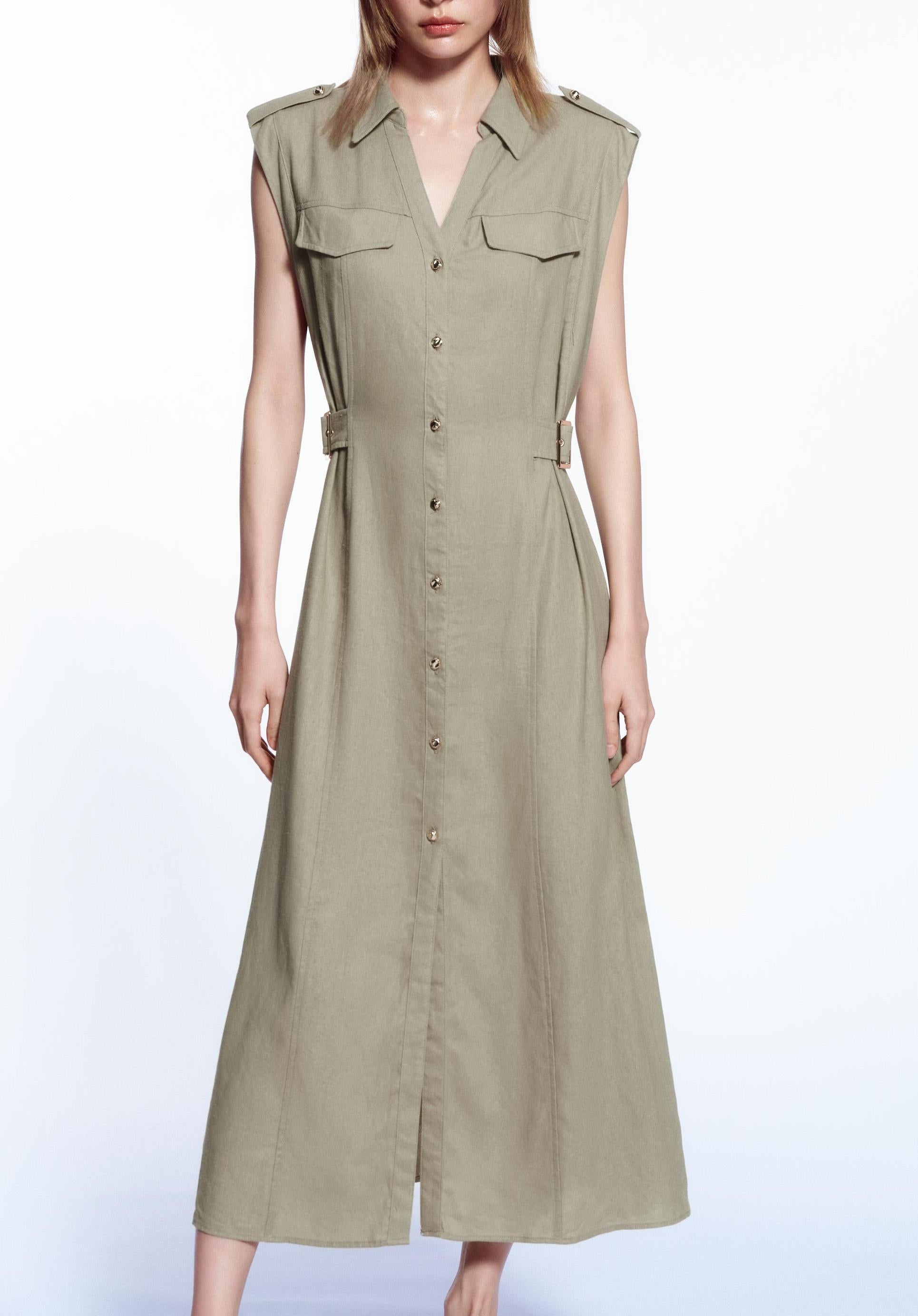 Women Clothing Linen Comfortable V neck Sleeveless Midi Dress