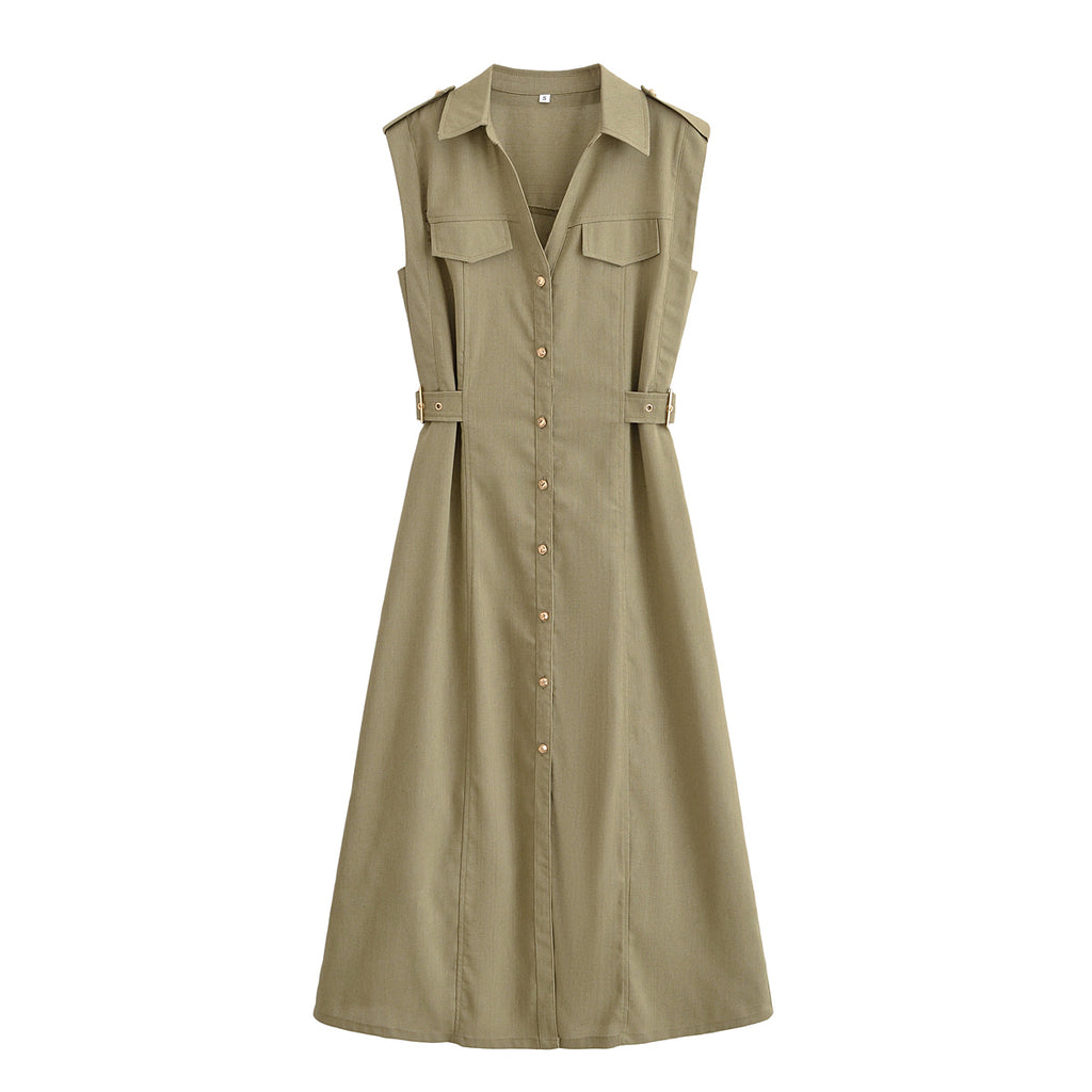 Women Clothing Linen Comfortable V neck Sleeveless Midi Dress
