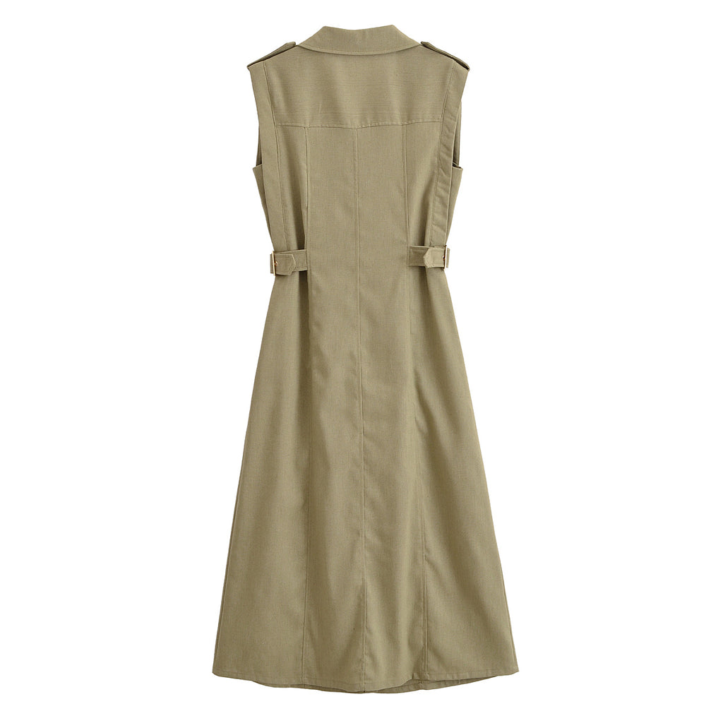 Women Clothing Linen Comfortable V neck Sleeveless Midi Dress