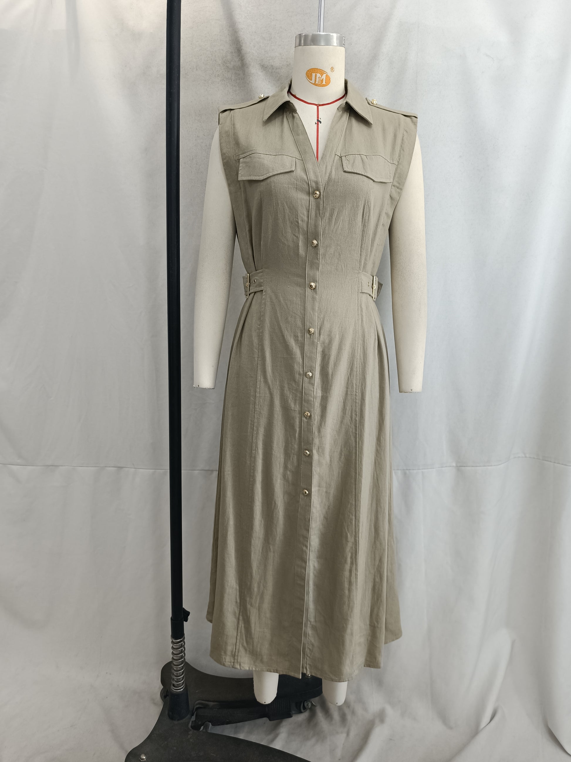 Women Clothing Linen Comfortable V neck Sleeveless Midi Dress