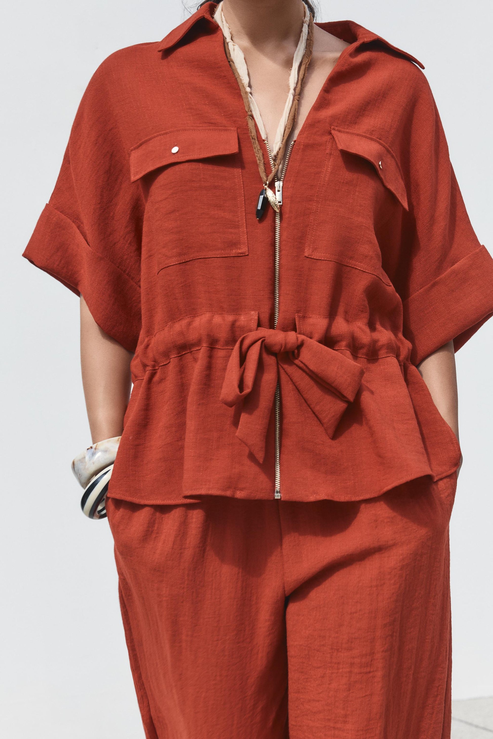 Women Hunting Long Sleeve Collared Shirt Elastic Waist Wide Leg Pants