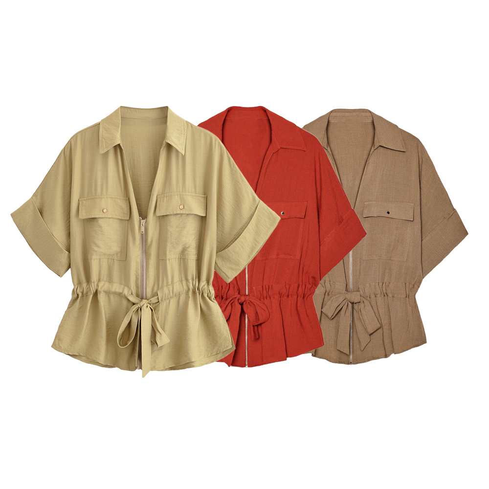 Women Hunting Long Sleeve Collared Shirt Elastic Waist Wide Leg Pants