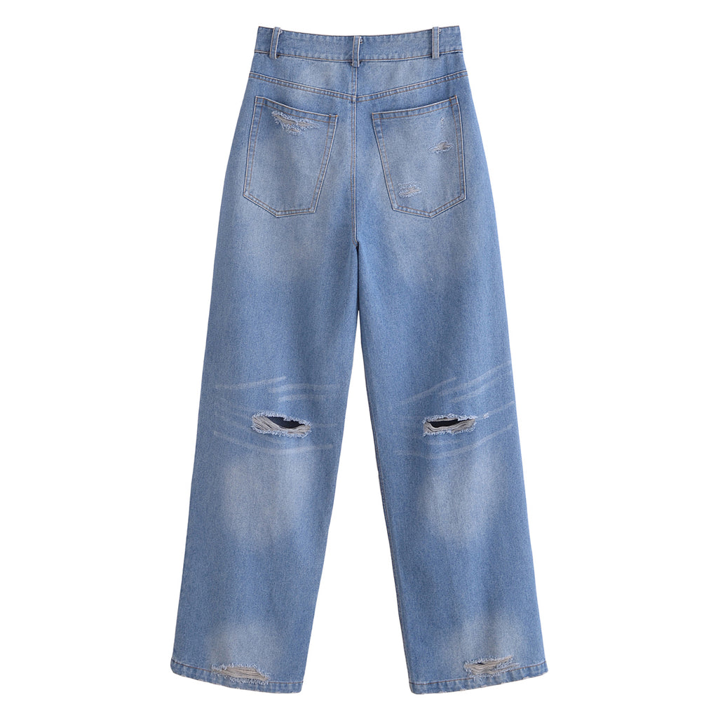 Women Perforated Hole Decoration High Waist Loose Jeans