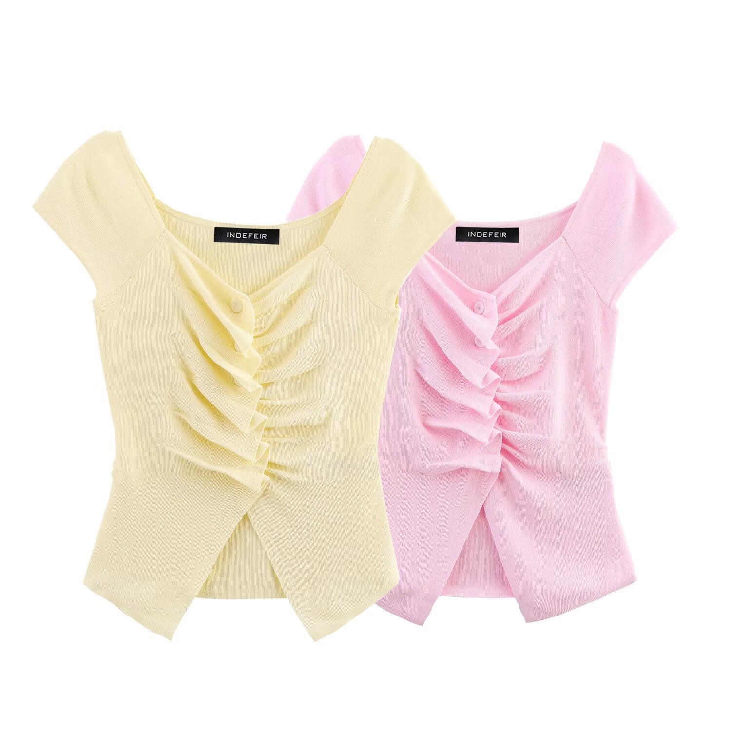 Summer Women All Match Solid Color Sweet Short Sleeve Pleated Decorative Knitted Top