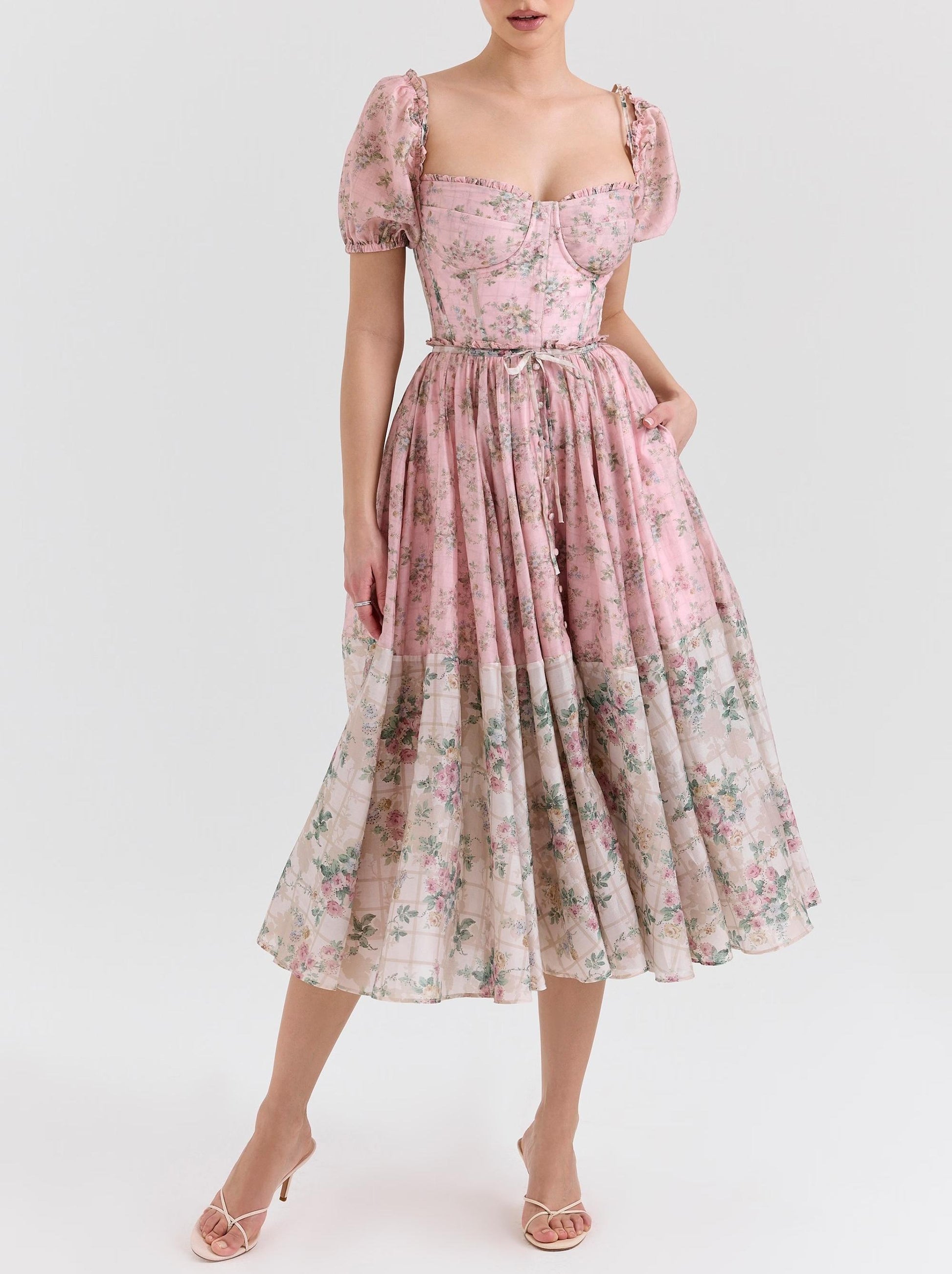 Summer Women Bohemian Pink Floral Chiffon Square Collar Low Cut Mid Length Dress