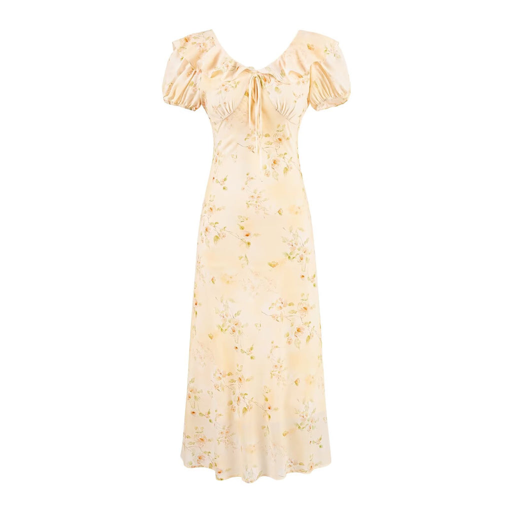 Sweet Printed Chic Puff Sleeve Chiffon Dress V neck Vacation Midi Dress