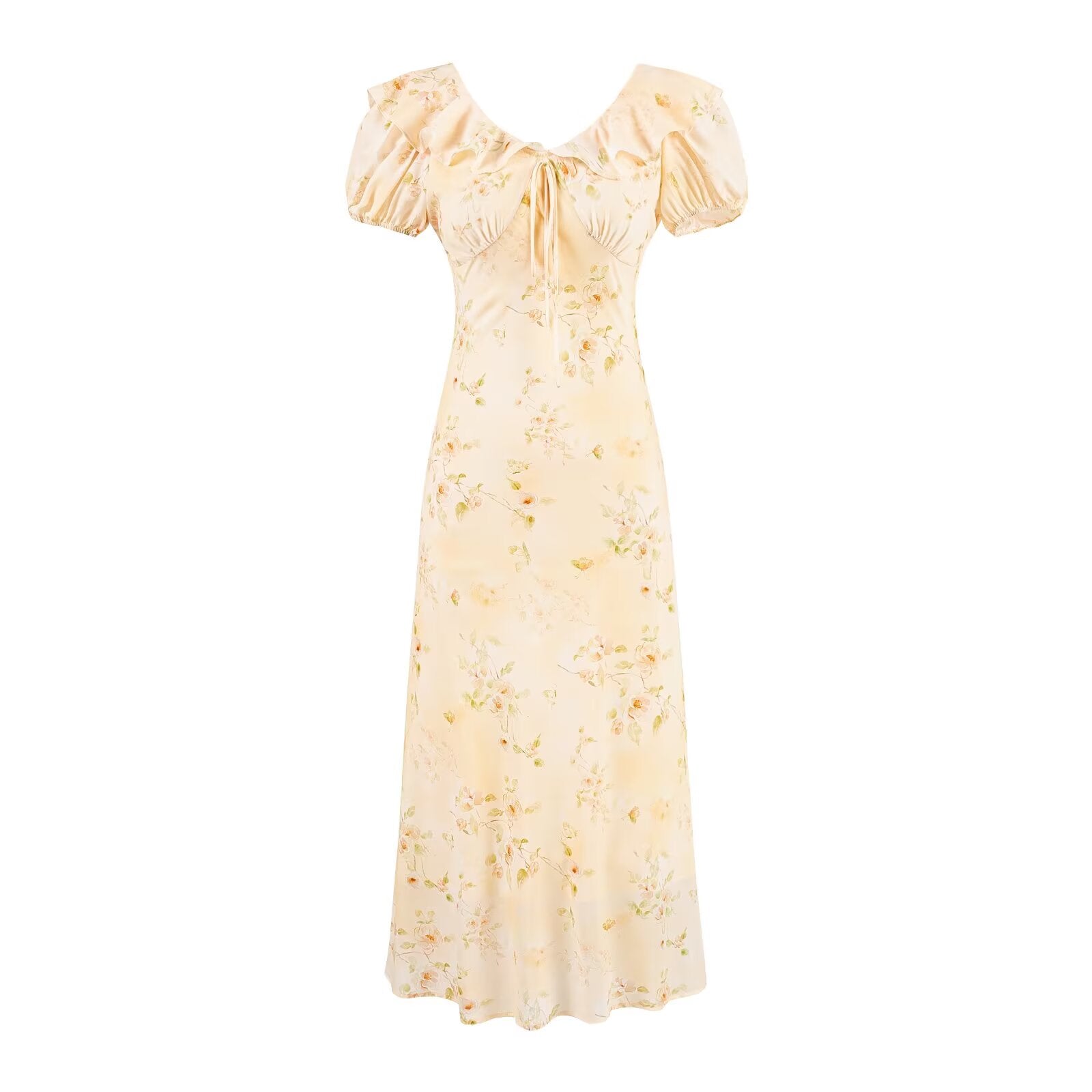 Sweet Printed Chic Puff Sleeve Chiffon Dress V neck Vacation Midi Dress